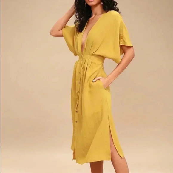 Lost + Wander Poppy Mustard Yellow Button-Up Midi Dress - Picture 2 of 13